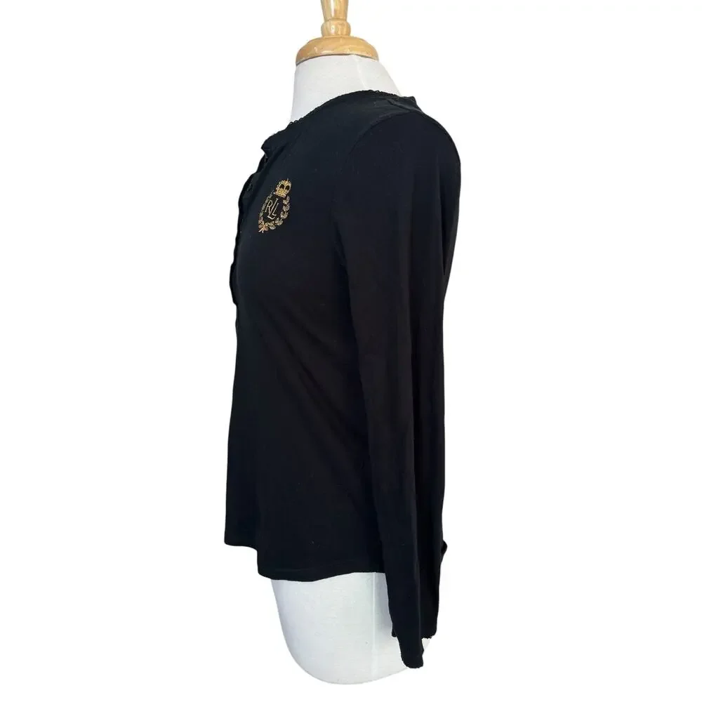 RALPH LAUREN LRL Gold Embroidered Logo Henley Tee in Black Size Medium Womens